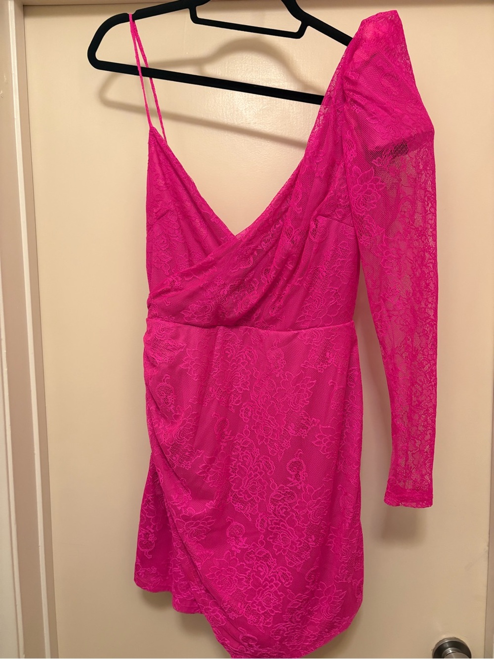 ASOS One-Shoulder Hot Pink Lace Mini Dress